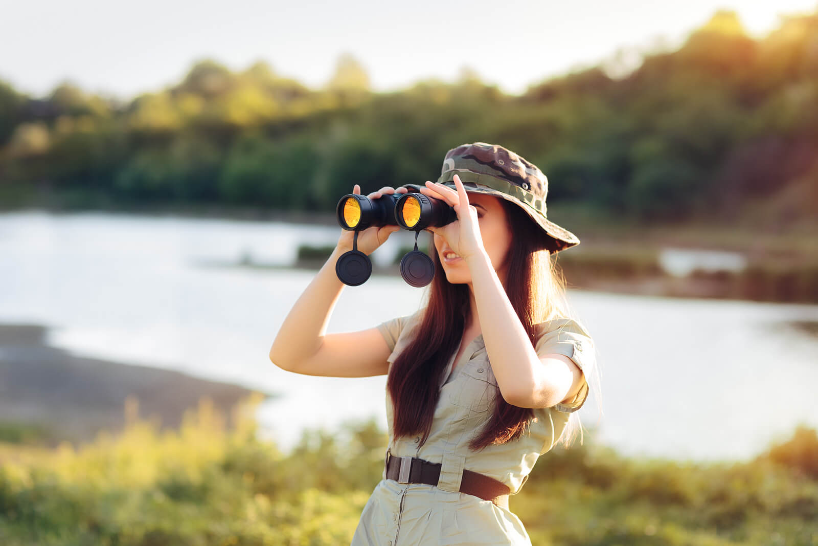 Explorer Girl with Camouflage Hat and Binoculars